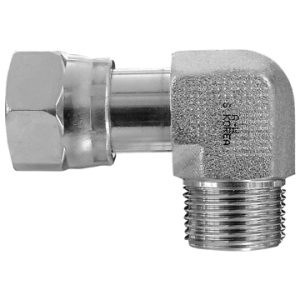 Dayco Adapter Fitting, Hydraulic, 90 Degree Male O-Ring Face Seal to Female Swivel O-Ring Face Seal, 1-3/16 – 12 Thread T1 and T2, Steel – 146494