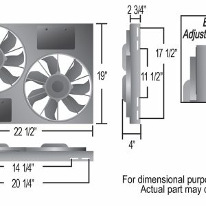 Derale Cooling Fan, Electric, 3750 Cubic Feet Per Minute, Dual 11 Inch Diameter Fan/ 22-1/2 Inch Width X 19 Inch Height X 4-1/2 Inch Depth – 16830