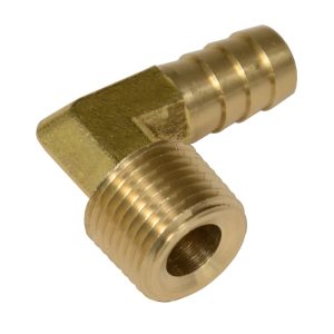 Derale Adapter Fitting, 1/2 Inch NPT Male X 1/2 Inch Barb, Natural, Gold, Brass, Single, 90 Degree Hose Fitting – 98244