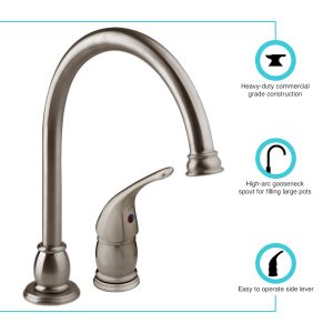 Dura Faucet Faucet, Designer Series, Used for Kitchen, Two Piece Deck Mount, 11 Inch Pedestal Gooseneck Designer Spout – DF-NMK301-SN