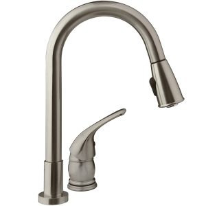 Dura Faucet Faucet, Used for Kitchen, Two Piece Deck Mount, 15 Inch Pedestal Pull Down Spout, Single Lever Handle – DF-NMK503-SN