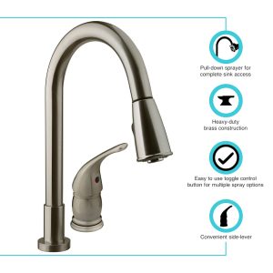 Dura Faucet Faucet, Used for Kitchen, Two Piece Deck Mount, 15 Inch Pedestal Pull Down Spout, Single Lever Handle – DF-NMK503-SN
