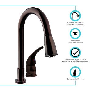 Dura Faucet Faucet, Used for Kitchen, Two Piece Deck Mount, 15 Inch Pedestal Pull Down Spout, Single Lever Handle – DF-NMK503-VB