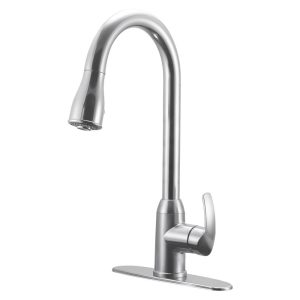 Dura Faucet Faucet, Used for Kitchen, 15 Inch Gooseneck Spout, Single Lever Pull-Down Handle, Brushed Satin Nickel Plated – DF-NMK508-SN