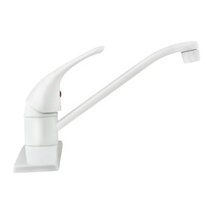 Dura Faucet Faucet, Used for Kitchen, Single Piece 8 Inch Deck Mount, D-Spout, Single Lever Handle, White/ Brass, 3 Hole Application – DF-NMK600-WT