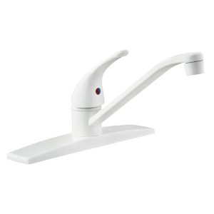 Dura Faucet Faucet, Used for Kitchen, Single Piece 8 Inch Deck Mount, D-Spout, Single Lever Handle, White/ Brass, 3 Hole Application – DF-NMK600-WT