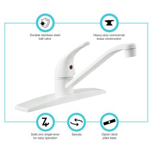 Dura Faucet Faucet, Used for Kitchen, Single Piece 8 Inch Deck Mount, D-Spout, Single Lever Handle, White/ Brass, 3 Hole Application – DF-NMK600-WT