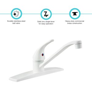 Dura Faucet Faucet, Used for Kitchen, Single Piece 8 Inch Deck Mount, D-Spout, Single Lever Handle, White/ Brass, 3 Hole Application – DF-NMK600-WT