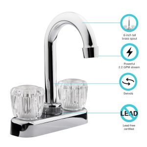 Dura Faucet Faucet, Used for Bar, Single Piece 4 Inch Bar Deck Mount, 6 Inch Hi-Arc Spout, 2 Clear Crystal Acrylic Knob Handle – DF-PB150A-CP