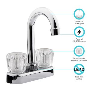 Dura Faucet Faucet, Used for Bar, Single Piece 4 Inch Bar Deck Mount, 6 Inch Hi-Arc Spout, 2 Clear Crystal Acrylic Knob Handle – DF-PB150A-CP