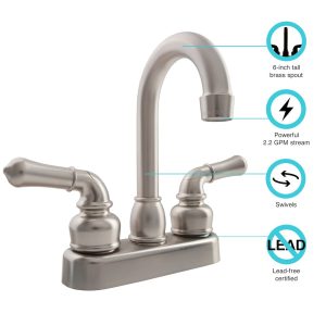 Dura Faucet Faucet, Classical Series, Used for Bar, Single Piece 4 Inch Bar Deck Mount, 6 Inch Hi-Arc Spout, 2 Teapot Classical Handle – DF-PB150C-SN