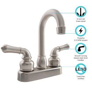 Dura Faucet Faucet, Classical Series, Used for Bar, Single Piece 4 Inch Bar Deck Mount, 6 Inch Hi-Arc Spout, 2 Teapot Classical Handle – DF-PB150C-SN