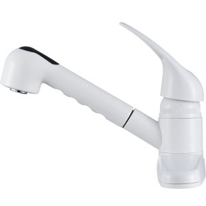 Dura Faucet Faucet, Used for Kitchen, Single Piece 8 Inch Deck Mount, Pull-Out Spout, Single Loop Lever Handle, White/ Plastic – DF-PK100-WT