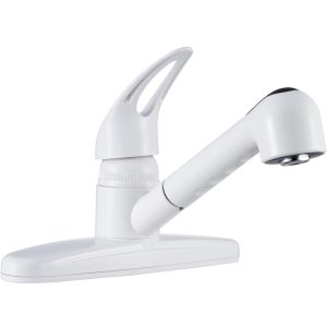Dura Faucet Faucet, Used for Kitchen, Single Piece 8 Inch Deck Mount, Pull-Out Spout, Single Loop Lever Handle, White/ Plastic – DF-PK100-WT