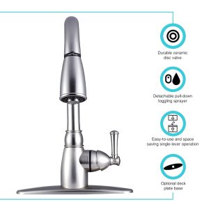 Dura Faucet Faucet, Used for Kitchen, Single Piece 8 Inch Deck Mount, 15 Inch Pull Down Spout, Single Lever Handle – DF-PK160-SN