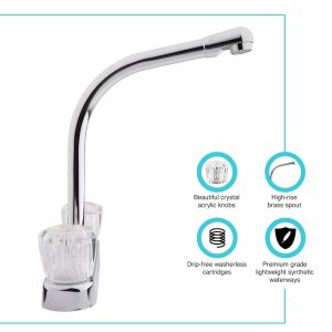 Dura Faucet Faucet, Used for Kitchen, Single Piece 8 Inch Deck Mount, 10 Inch Hi-Rise Spout, 2 Clear Crystal Acrylic Knob Handle – DF-PK210A-CP