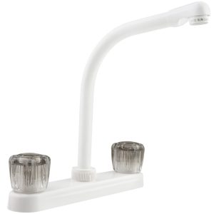 Dura Faucet Faucet, Used for Kitchen, Single Piece 8 Inch Deck Mount, 10 Inch Hi-Rise Spout, 2 Smoked Acrylic Knob Handle – DF-PK210S-WT