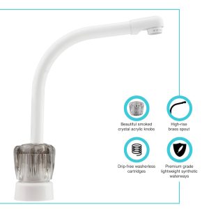 Dura Faucet Faucet, Used for Kitchen, Single Piece 8 Inch Deck Mount, 10 Inch Hi-Rise Spout, 2 Smoked Acrylic Knob Handle – DF-PK210S-WT