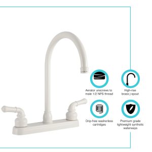Dura Faucet Faucet, Used for Kitchen, Single Piece 8 Inch Deck Mount, 12 Inch J-Spout, 2 Teapot Classical Handle – DF-PK330HC-WT