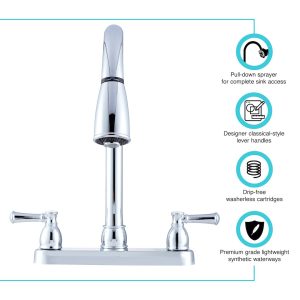 Dura Faucet Faucet, Used for Kitchen, Single Piece 8 Inch Deck Mount, 15 Inch Pull Down Spout, 2 Teapot Designer Handle – DF-PK350L-CP