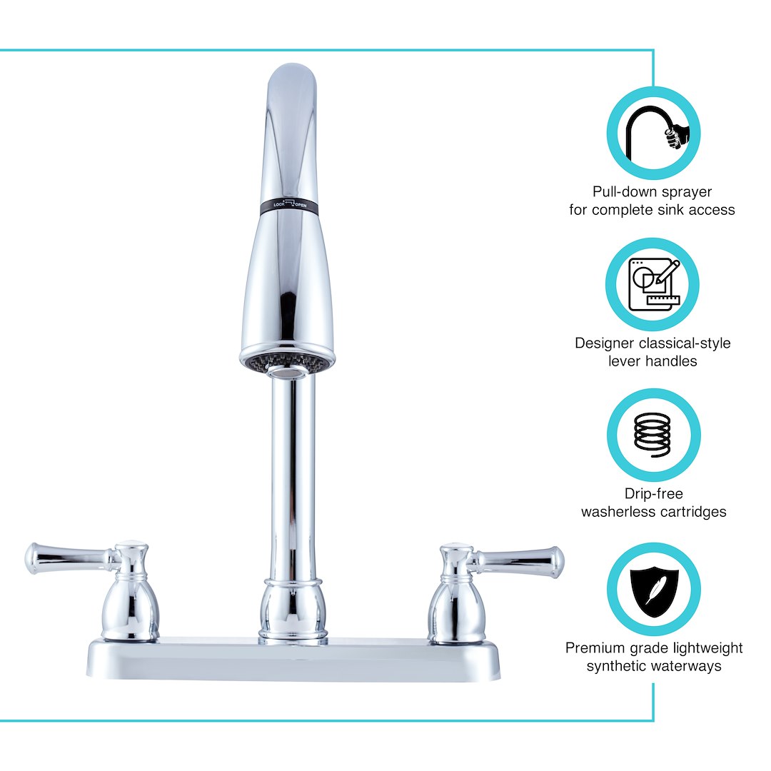 Dura Faucet Faucet, Used for Kitchen, Single Piece 8 Inch Deck Mount, 15 Inch Pull Down Spout, 2 Teapot Designer Handle – DF-PK350L-CP
