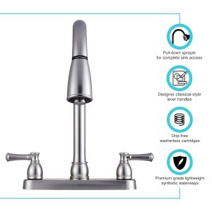 Dura Faucet Faucet, Used for Kitchen, Single Piece 8 Inch Deck Mount, 15 Inch Pull Down Spout, 2 Teapot Designer Handle – DF-PK350L-SN
