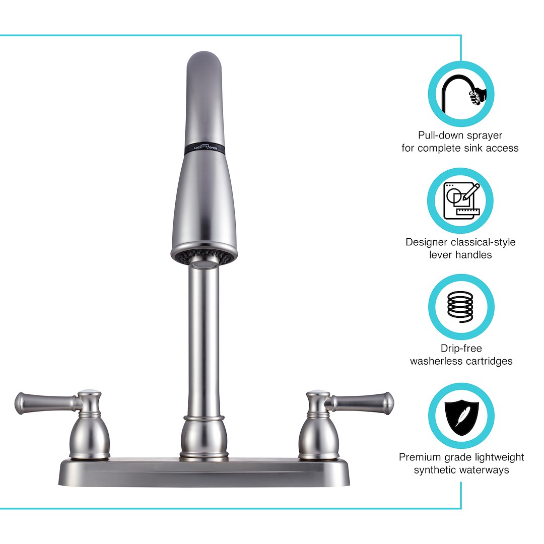 Dura Faucet Faucet, Used for Kitchen, Single Piece 8 Inch Deck Mount, 15 Inch Pull Down Spout, 2 Teapot Designer Handle – DF-PK350L-SN