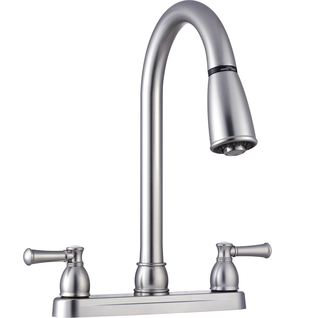Dura Faucet Faucet, Used for Kitchen, Single Piece 8 Inch Deck Mount, 15 Inch Pull Down Spout, 2 Teapot Designer Handle – DF-PK350L-SN