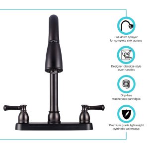Dura Faucet Faucet, Used for Kitchen, Single Piece 8 Inch Deck Mount, 15 Inch Pull Down Spout, 2 Teapot Designer Handle – DF-PK350L-VB