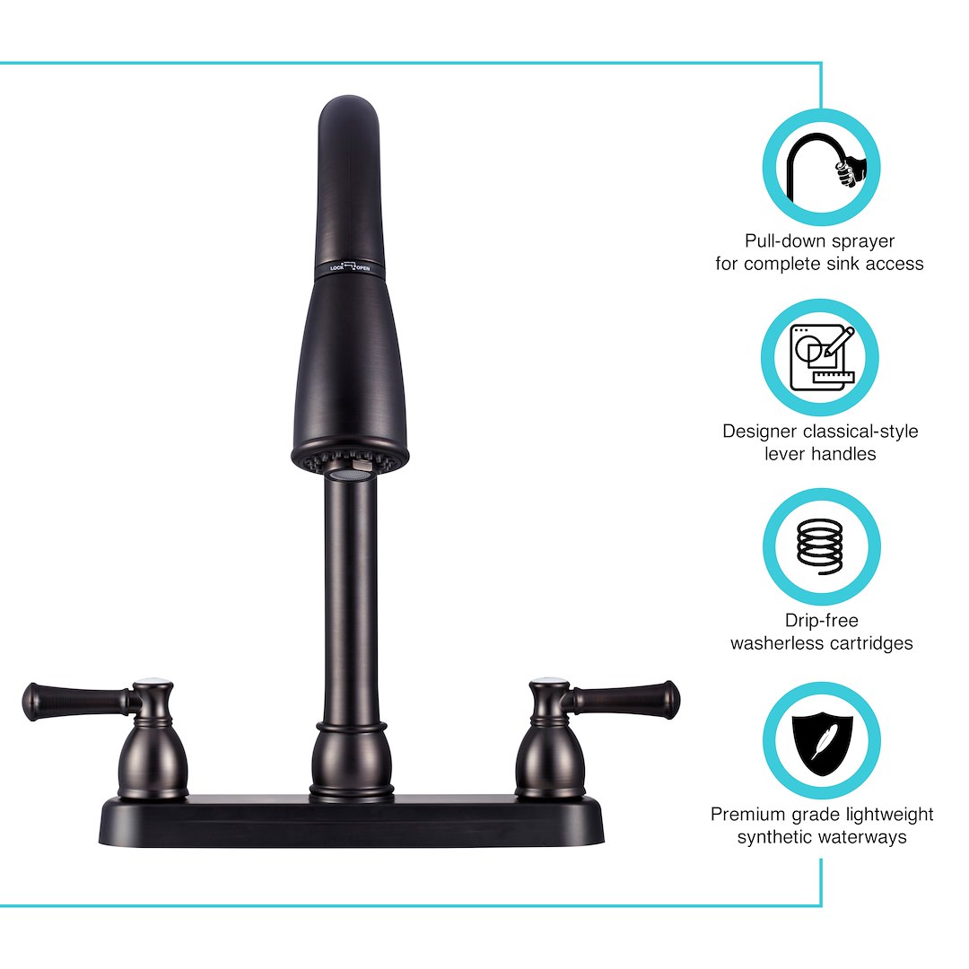 Dura Faucet Faucet, Used for Kitchen, Single Piece 8 Inch Deck Mount, 15 Inch Pull Down Spout, 2 Teapot Designer Handle – DF-PK350L-VB