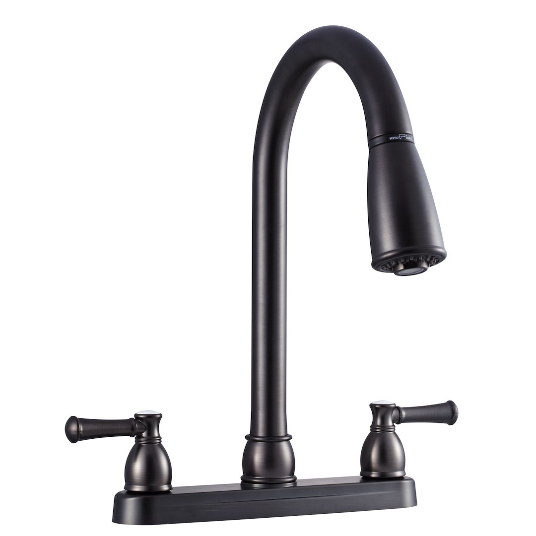 Dura Faucet Faucet, Used for Kitchen, Single Piece 8 Inch Deck Mount, 15 Inch Pull Down Spout, 2 Teapot Designer Handle – DF-PK350L-VB