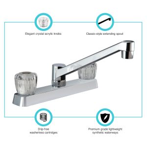 Dura Faucet Faucet, Used for Kitchen, Single Piece 8 Inch Deck Mount, 2 Clear Crystal Acrylic Knob Handle, Chrome Plated/ Plastic – DF-PK600A-CP