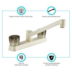 Dura Faucet Faucet, Used for Kitchen, Single Piece 8 Inch Deck Mount, 2 Smoked Acrylic Knob Handle, Bisque Parchment/ Plastic – DF-PK600S-BQ