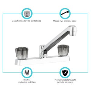 Dura Faucet Faucet, Used for Kitchen, Single Piece 8 Inch Deck Mount, 2 Smoked Acrylic Knob Handle, Chrome Plated/ Plastic – DF-PK600S-CP