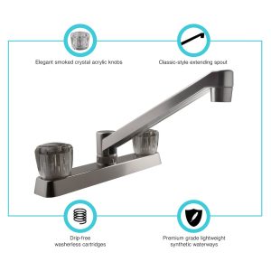 Dura Faucet Faucet, Used for Kitchen, Single Piece 8 Inch Deck Mount, 2 Smoked Acrylic Knob Handle – DF-PK600S-SN