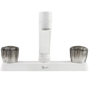 Dura Faucet Faucet, Used for Kitchen, Single Piece 8 Inch Deck Mount, 2 Smoked Acrylic Knob Handle, White/ Plastic, 2 Hole Application – DF-PK600S-WT
