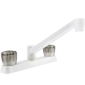 Dura Faucet Faucet, Used for Kitchen, Single Piece 8 Inch Deck Mount, 2 Smoked Acrylic Knob Handle, White/ Plastic, 2 Hole Application – DF-PK600S-WT