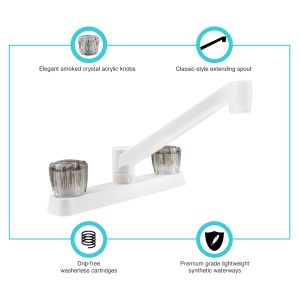 Dura Faucet Faucet, Used for Kitchen, Single Piece 8 Inch Deck Mount, 2 Smoked Acrylic Knob Handle, White/ Plastic, 2 Hole Application – DF-PK600S-WT