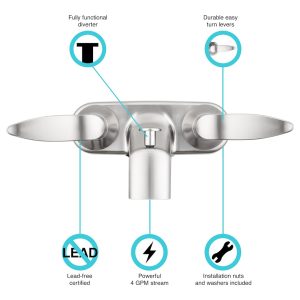 Dura Faucet Faucet, Used for Bathtub, Single Piece 4 Inch Wall Mount with Pull-Up Tub/ Shower Diverter, 2 Lever Designer Handle – DF-SA110LH-SN