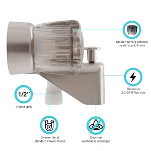 Dura Faucet Faucet, Used for Bathtub, Single Piece 4 Inch Wall Mount with Pull-Up Tub/ Shower Diverter, 2 Smoked Acrylic Knob Handle – DF-SA110S-SN