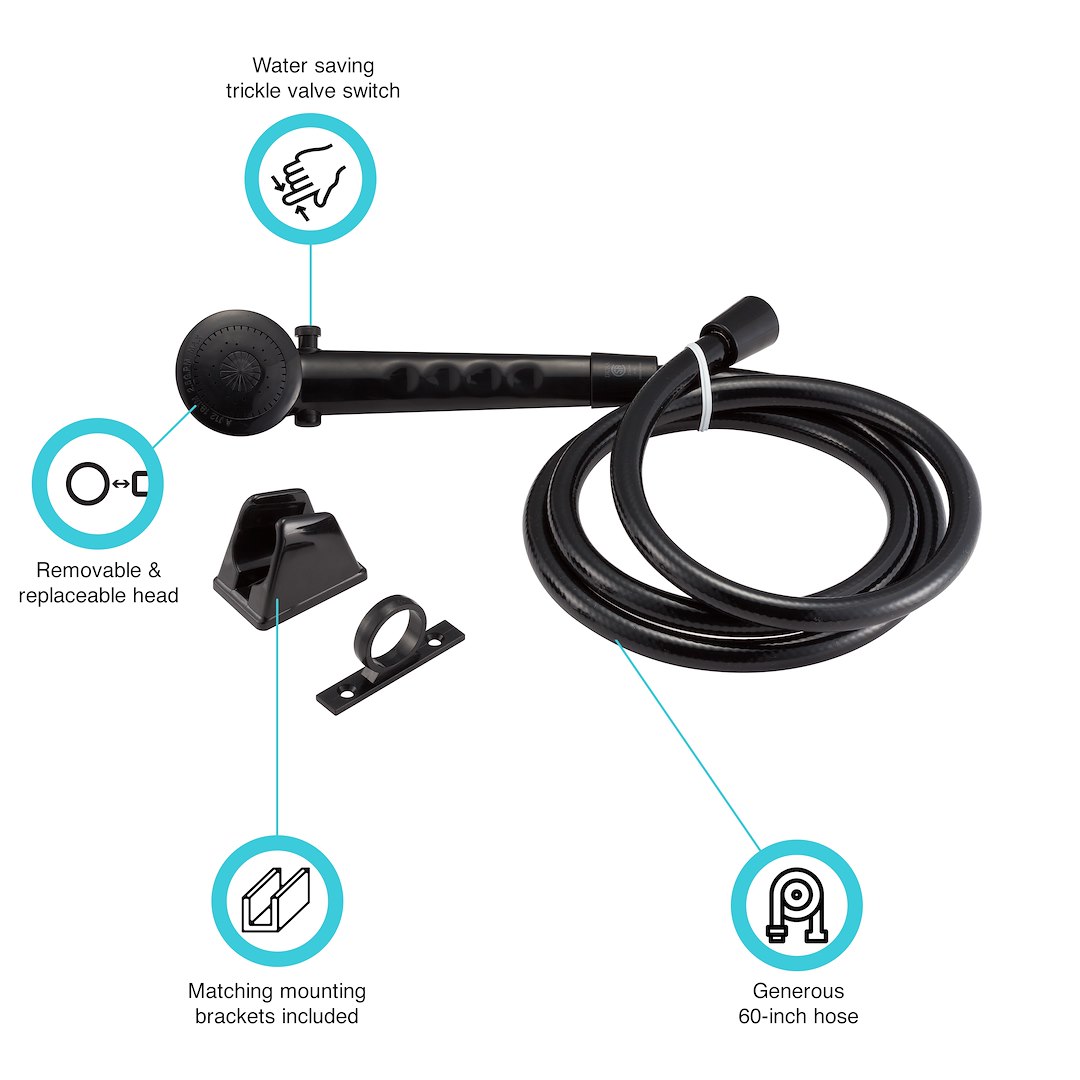 Dura Faucet Shower Head, Hand-Held with 60 Inch Reinforced Vinyl Hose, Black, Plastic – DF-SA130-BK
