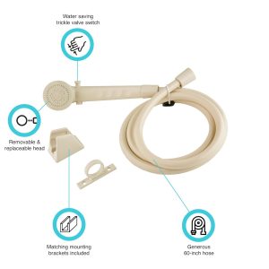 Dura Faucet Shower Head, Hand-Held with 60 Inch Reinforced Vinyl Hose, Bisque Parchment, Plastic – DF-SA130-BQ