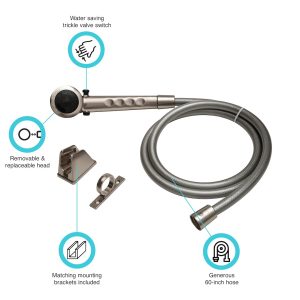 Dura Faucet Shower Head, Hand-Held with 60 Inch Reinforced Vinyl Hose, Brushed Satin Nickel Plated, Plastic – DF-SA130-SN