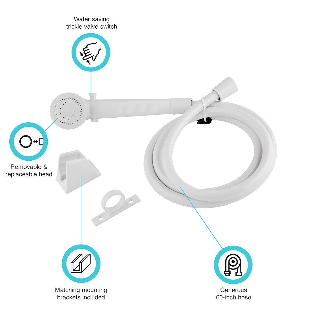 Dura Faucet Shower Head, Hand-Held with 60 Inch Reinforced Vinyl Hose, White, Plastic – DF-SA130-WT