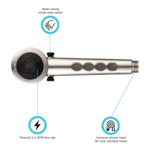 Dura Faucet Shower Head, Hand-Held, Brushed Satin Nickel Plated, Water Saving Trickle Valve Switch on Shower Head – DF-SA135-SN