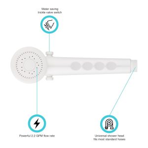 Dura Faucet Shower Head, Hand-Held, White, Water Saving Trickle Valve Switch on Shower Head – DF-SA135-WT