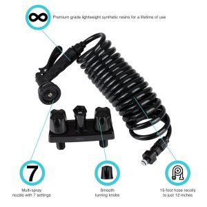 Dura Faucet Exterior Spray Port, Faucet Type with Quick Connect Valve with 15 Inch Coil Hose, 2 Knob Handle, Black – DF-SA186-BK