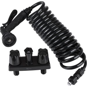 Dura Faucet Exterior Spray Port, Faucet Type with Quick Connect Valve with 15 Inch Coil Hose, 2 Knob Handle, Black – DF-SA186-BK
