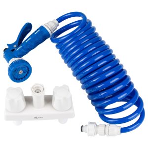 Dura Faucet Exterior Spray Port, Faucet Type with Quick Connect Valve with 15 Inch Coil Hose, 2 Knob Handle, White – DF-SA186-WT