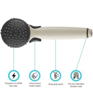 Dura Faucet Shower Head, Hand Held, With Single Function Flow Setting, Bisque Parchment, Plastic, With Flow Control Switch – DF-SA400-BQ